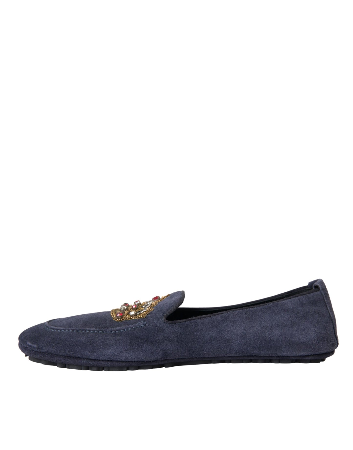 Dolce & Gabbana Blue Leather Suede Crystal Crown Loafers Shoes