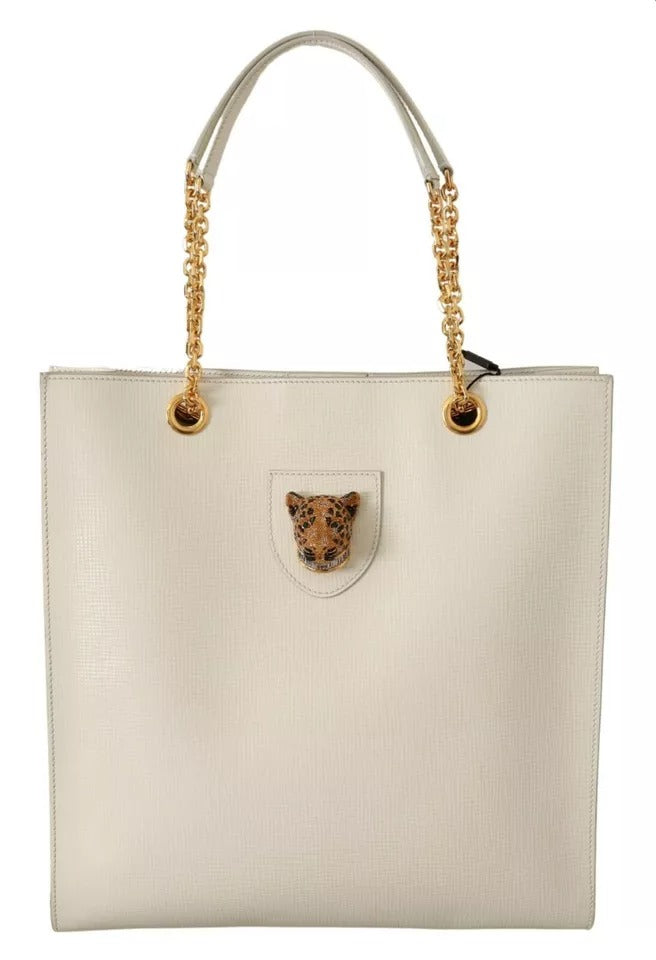 Dolce & Gabbana White Crystal Leopard Head Leather JUNGLE Tote Bag