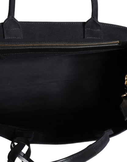 Versace Black Top Handle Canvas Leather Logo Crossbody Tote Bag