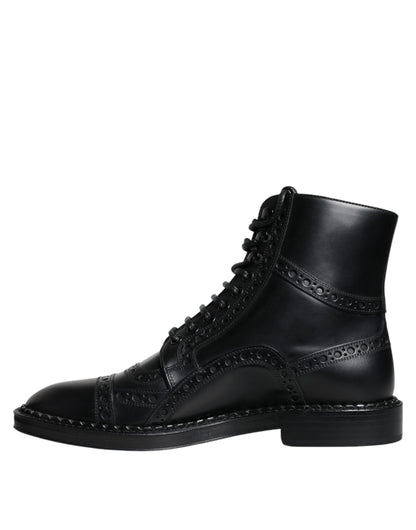 Dolce & Gabbana Black Leather Lace Up Mid Calf Boots Shoes